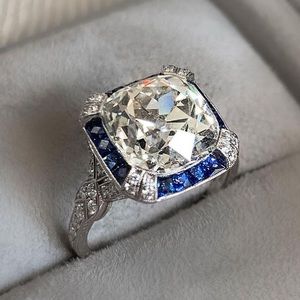 Art Deco Ring Cushion Blue & White Sapphire Engagement Ring